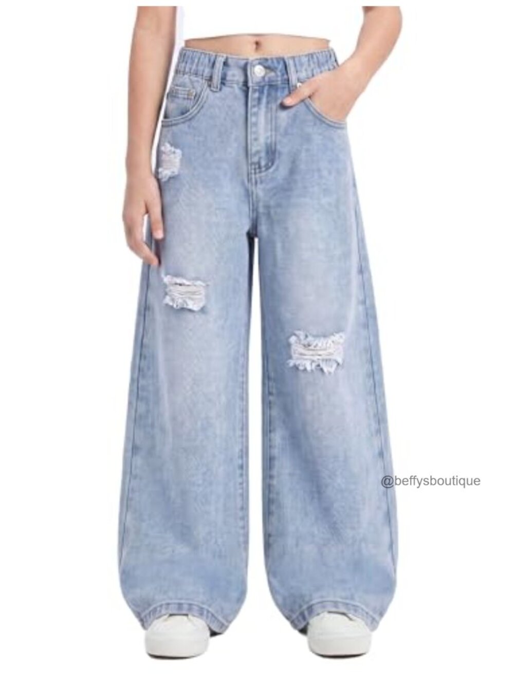Girls Baggy Ripped Wide Leg Jeans Elastic Waist Casual Denim Pants